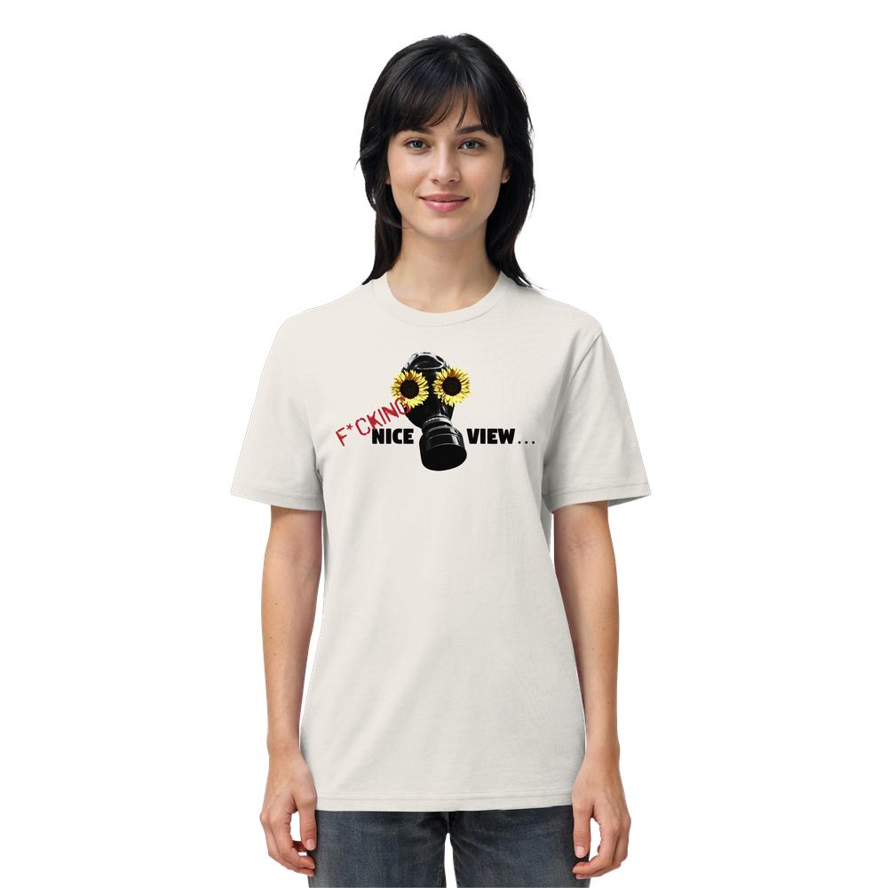 Vegan und Bio Unisex Shirt: Sunflower Mask - F*cking nice view... trägt eine Frau, zeigt Gasmaske mit Sonnenblumen-Augen und rebellischem Slogan. 100% Bio-Baumwolle.