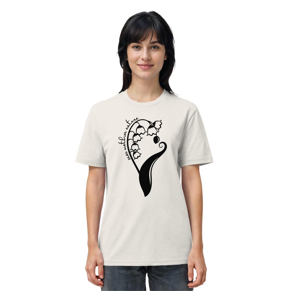 Vegan und Bio Unisex Shirt: Save Mother Nature with Flower Power, getragen von Model, zeigt minimalistisches Maiglöckchen-Design mit grow with nature Slogan auf biologischer Baumwolle.
