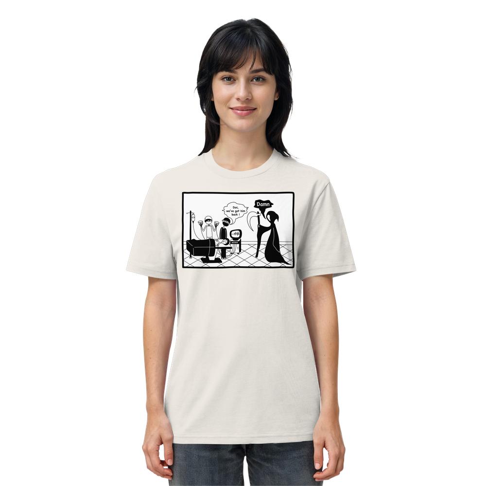 Vegan und Bio Unisex Shirt: Comicstripe - The Reaper, zeigt Comic mit zwei Chirurgen und dem enttäuschten Tod. 100% Bio-Baumwolle, normale Passform, von RUDE REBEL.