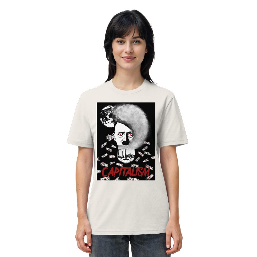 Person trägt das Vegan und Bio Unisex Shirt: Capitalism vs. Earth - The Money Game mit satirischem Grafikdruck, der Kapitalismus, Zerstörung und globale Auswirkungen thematisiert.
