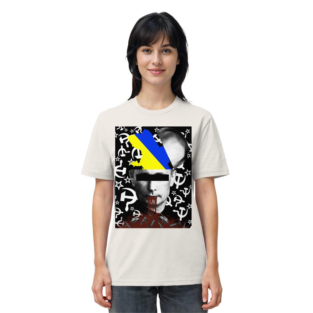 Vegan und Bio Unisex Shirt: STOP WAR IN UKRAINE! zeigt eine Collage mit verdecktem Porträt, Hammer-und-Sichel-Muster, ukrainischen Farben und blutähnlichen Effekten.