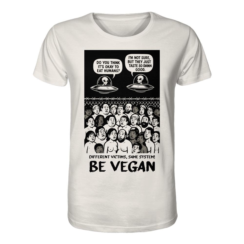 Vegan und Bio Unisex Shirt: Alien Invasion - BE VEGAN! zeigt Cartoon-Szene mit Aliens, Menschen hinter Zaun und veganer Botschaft. 100% Bio-Baumwolle, normale Passform.