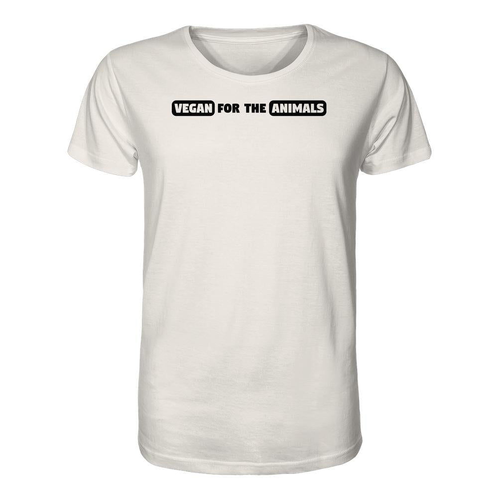 Unisex Bio-T-Shirt mit dem Slogan VEGAN FOR THE ANIMALS in Schwarz, aus 100 % Bio-Baumwolle, normale Passform, von RUDE REBEL.