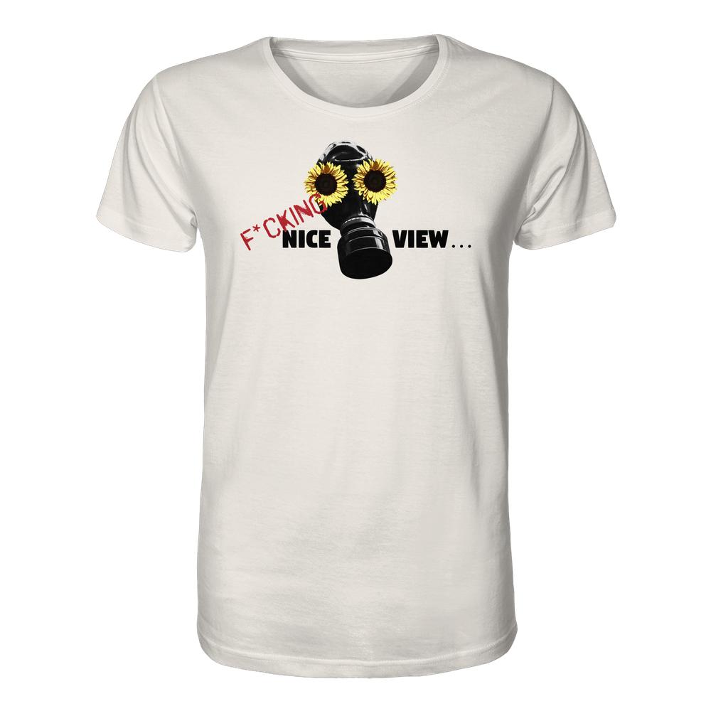 Vegan und Bio Unisex Shirt: Sunflower Mask - F*cking nice view... zeigt ein Gasmaske-Design mit Sonnenblumen-Augen und provokantem Slogan auf weißem Hintergrund.