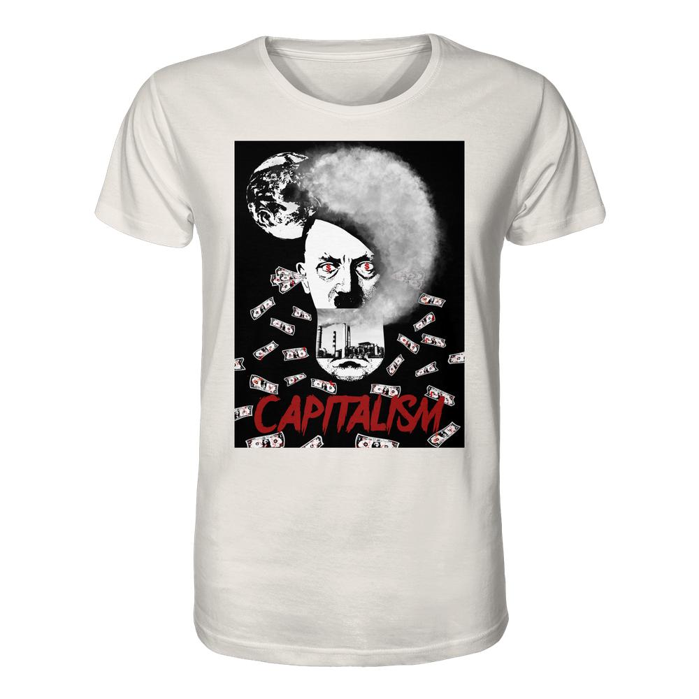 Vegan und Bio Unisex Shirt: Capitalism vs. Earth - The Money Game zeigt ein maskenartiges Gesicht mit roten Augen, umgeben von Dollar-Scheinen und CAPITALISM in roten Buchstaben.