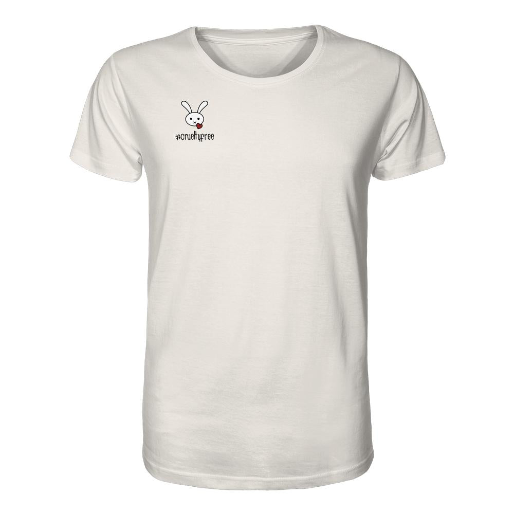 Vegan und Bio Unisex Shirt: Crueltyfree Bunny zeigt ein Cartoon-Hasenkopf mit Herz und #crueltyfree auf der Brust, aus 100 % Bio-Baumwolle.