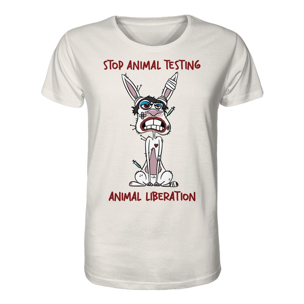 Vegan und Bio Unisex Shirt: Weißes T-Shirt mit der Aufschrift “STOP ANIMAL TESTING” und Cartoon eines verletzten Kaninchens, unterstrichen von “ANIMAL LIBERATION”.