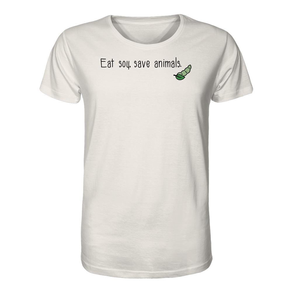 Vegan und Bio Unisex Shirt: Veganism - Eat soy, save animals. Weißes T-Shirt mit Soja-Slogan und grüner Sojabohne, aus 100% Bio-Baumwolle.