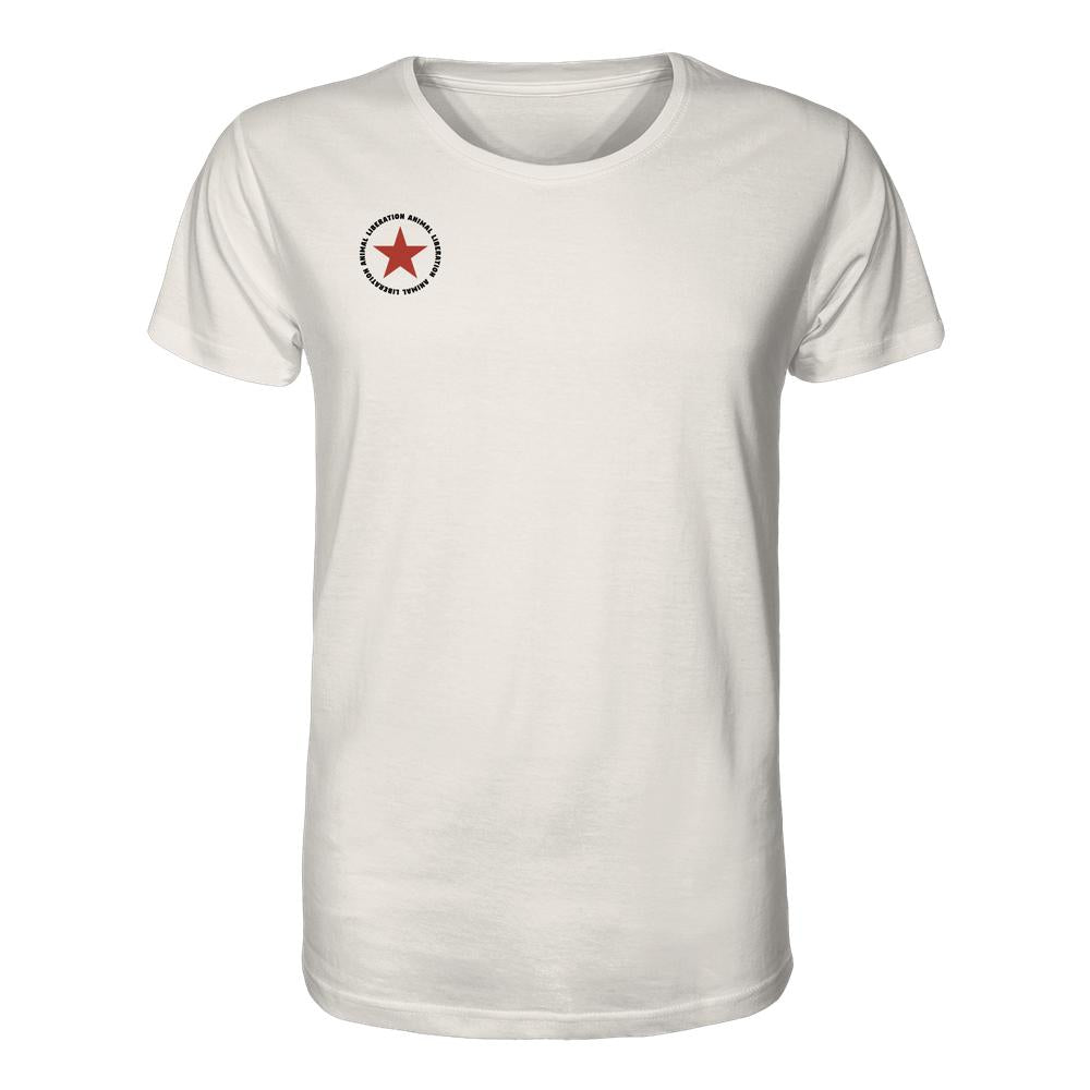 Vegan und Bio Unisex Shirt: Red Star - Animal Liberation, cremefarbenes T-Shirt mit rotem Stern-Logo und wichtiger Botschaft. 100 % Bio-Baumwolle, normale Passform.