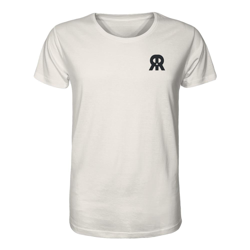 Vegan und Bio Unisex Shirt bestickt: RUDE REBEL Skull, weißes T-Shirt mit kleinem schwarzen Logo, aus 100% Bio-Baumwolle, normale Passform.