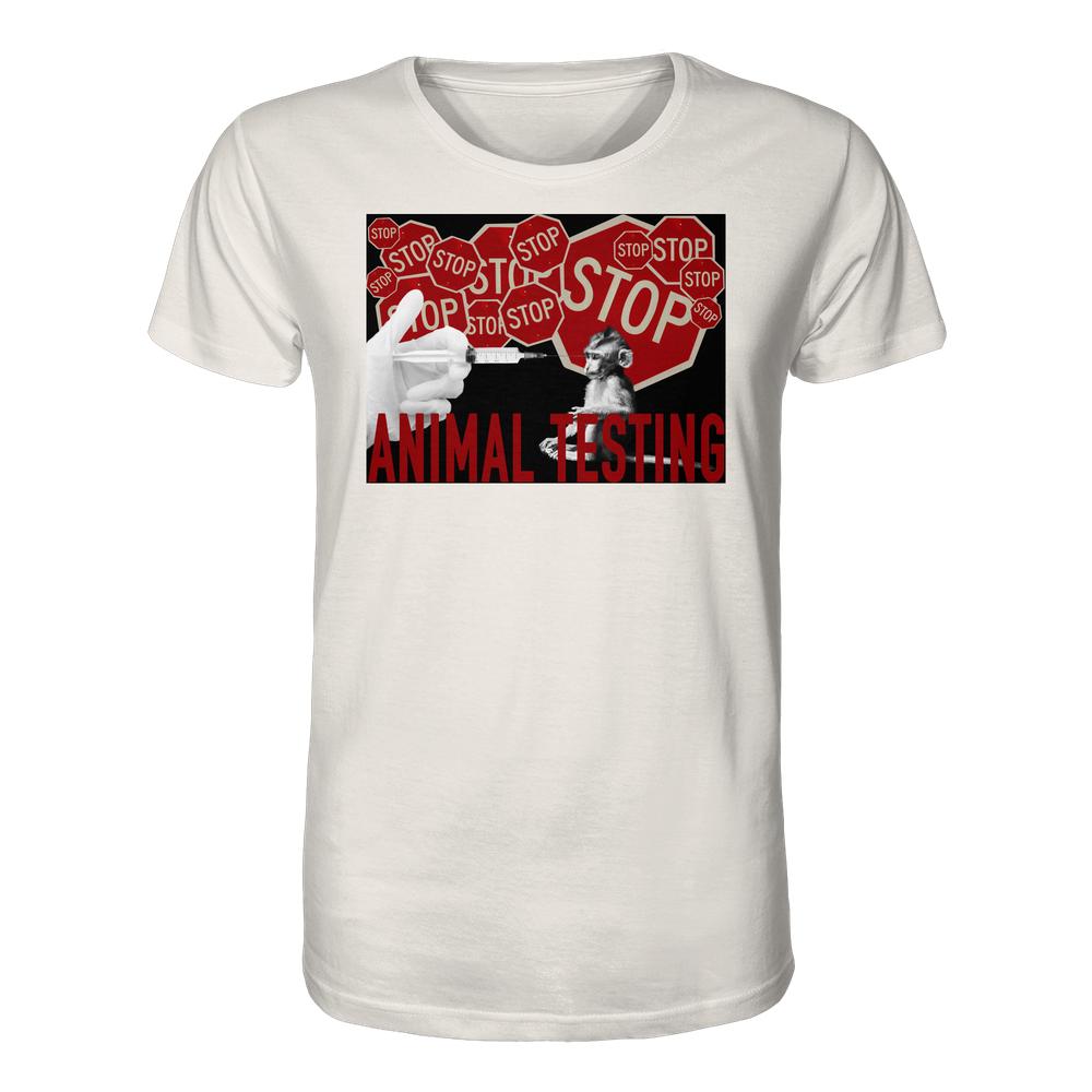 Vegan und Bio Unisex Shirt: STOP ANIMAL TESTING! zeigt ein provokantes Design mit Spritze, Affe und STOP-Schilder, um gegen Tierversuche zu protestieren.