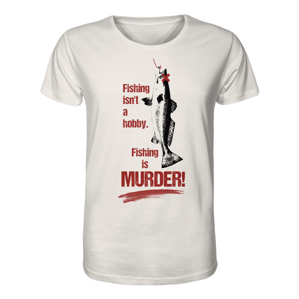 Unisex-Bio-Shirt „Fishing is MURDER!“ mit Grafik eines gehakten Fisches und provokantem Text. Hergestellt aus 100% Bio-Baumwolle von RUDE REBEL.