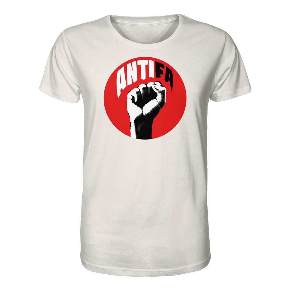 Vegan und Bio Unisex Shirt: Antifa - Kampf gegen Rechts, zeigt eine rote Kreisgrafik mit schwarzer Faust und ANTIFA-Schriftzug, symbolisiert Widerstand gegen faschistisches Gedankengut.