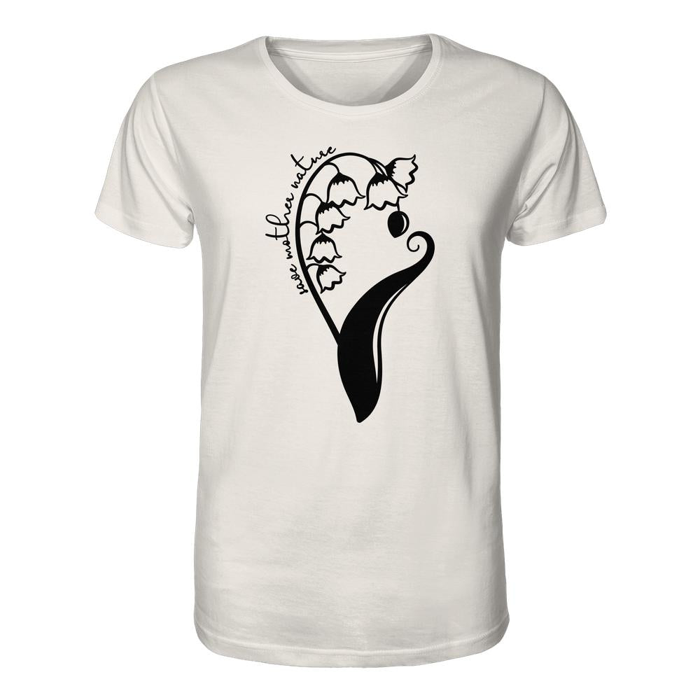 Unisex Bio-Baumwollshirt mit großem schwarzen Grafikprint: peace with nature, zeigt Maiglöckchen-Design. Minimalistisch und nachhaltig, von RUDE REBEL.