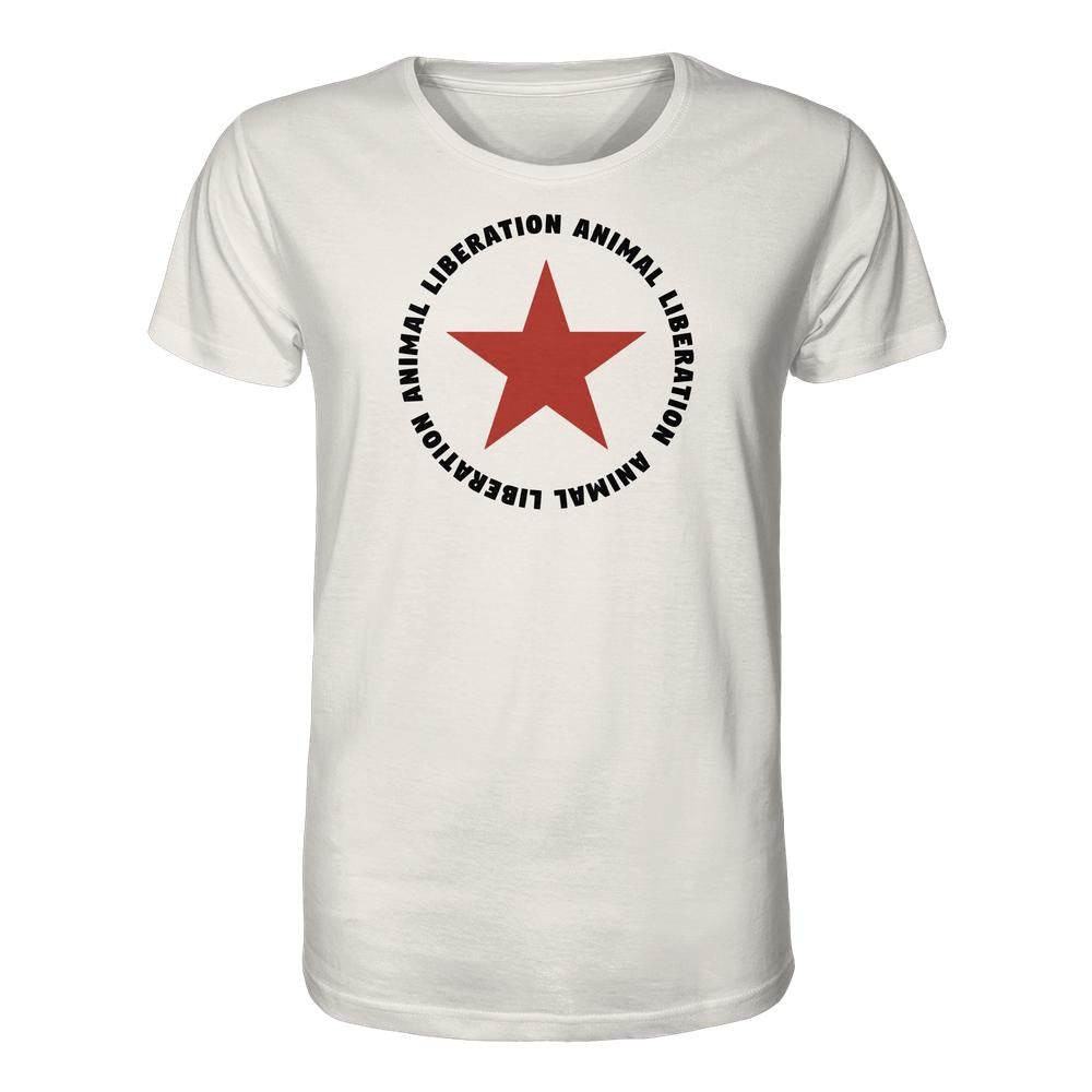 Vegan und Bio Unisex Shirt: Red Star and Animal Liberation, zeigt roten Stern und den Schriftzug „ANIMAL LIBERATION“ auf weißem Grund. 100 % Bio-Baumwolle, normale Passform.