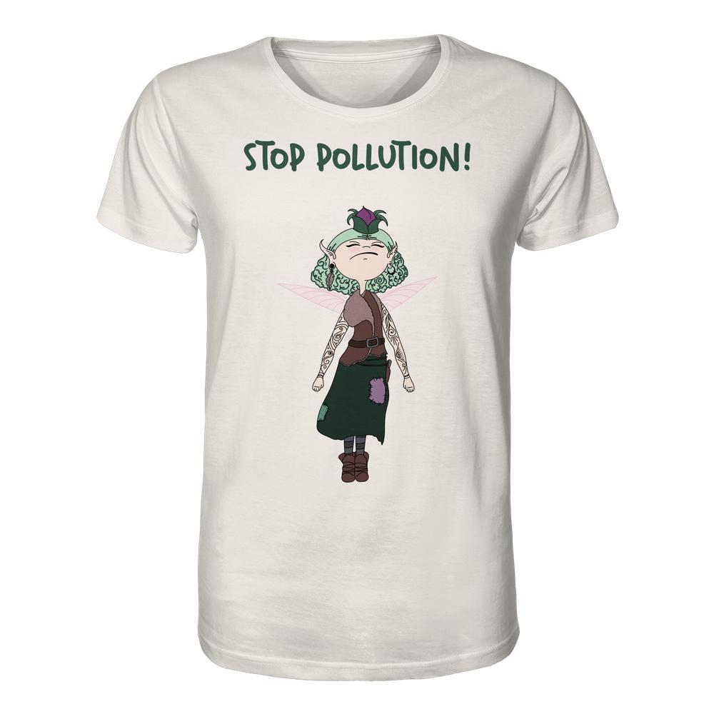 Vegan und Bio Unisex Shirt: STOP POLLUTION! - Krawall Fee mit grüner Fee, Blumenkrone und Stop Pollution!-Aufruf, aus 100 % Bio-Baumwolle, rebellisches Design von RUDE REBEL.