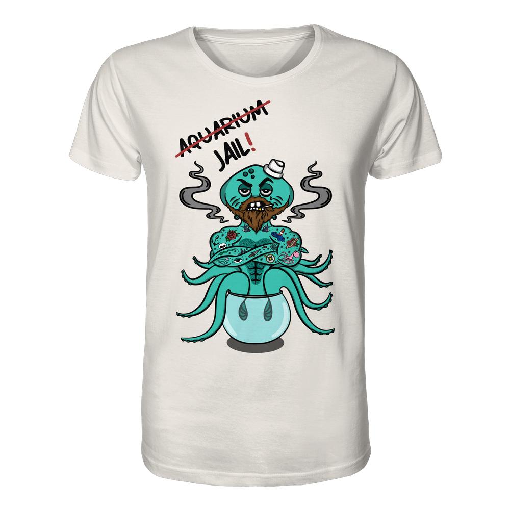 Unisex Bio-Shirt mit Cartoon-Oktopus im Fischglas, AQUARIUM=JAIL!-Aufdruck. Nachhaltiges Design, das Tierrechte und Veganismus von RUDE REBEL thematisiert.
