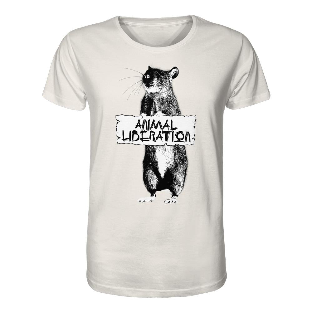 Vegan und Bio Unisex Shirt: Rat for Animal Liberation mit schwarz-weißer Rattenillustration und ANIMAL LIBERATION-Schild, inspiriert von Banksy, auf weißem T-Shirt aus Biobaumwolle.
