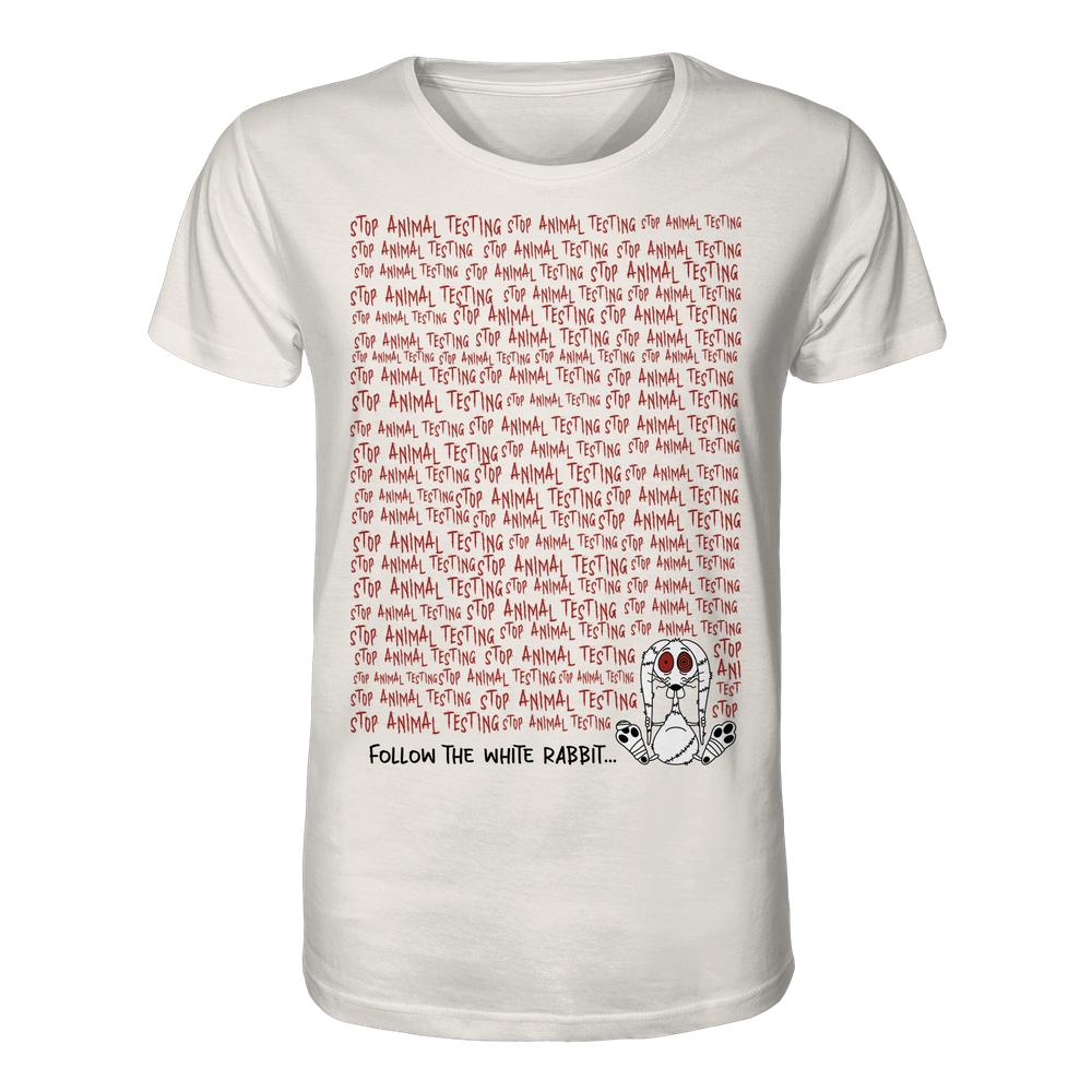 Vegan und Bio Unisex Shirt: Follow the white rabbit and stop animal testing! mit rotem Schriftzug und Cartoon-Hase. 100% Bio-Baumwolle, normale Passform, Tierschutz-Statement.