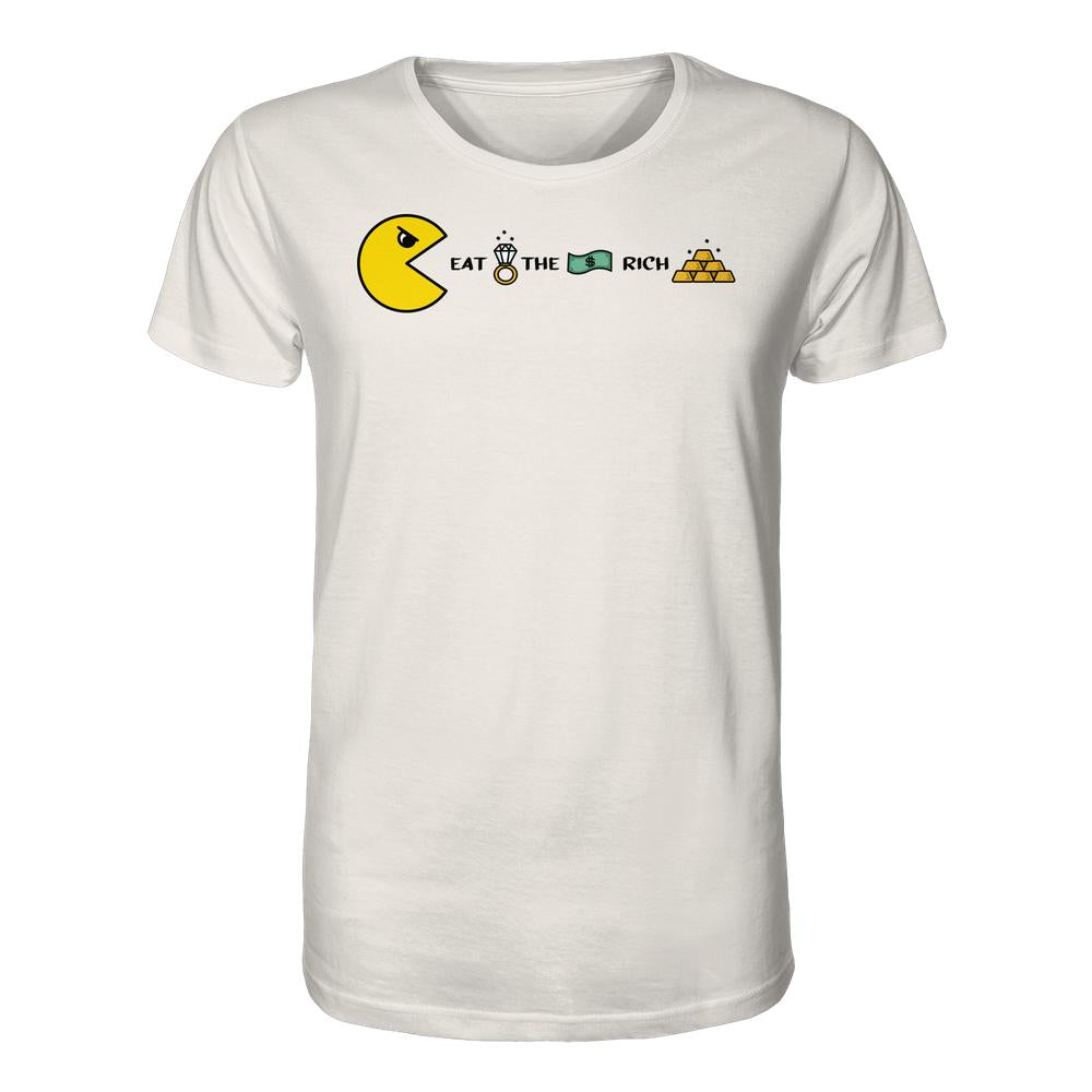 Unisex Bio-Shirt mit PAC-MAN - Eat the rich Grafik: Pac-Man isst Ring, Geldschein, Goldbarren, aus 100% Bio-Baumwolle.
