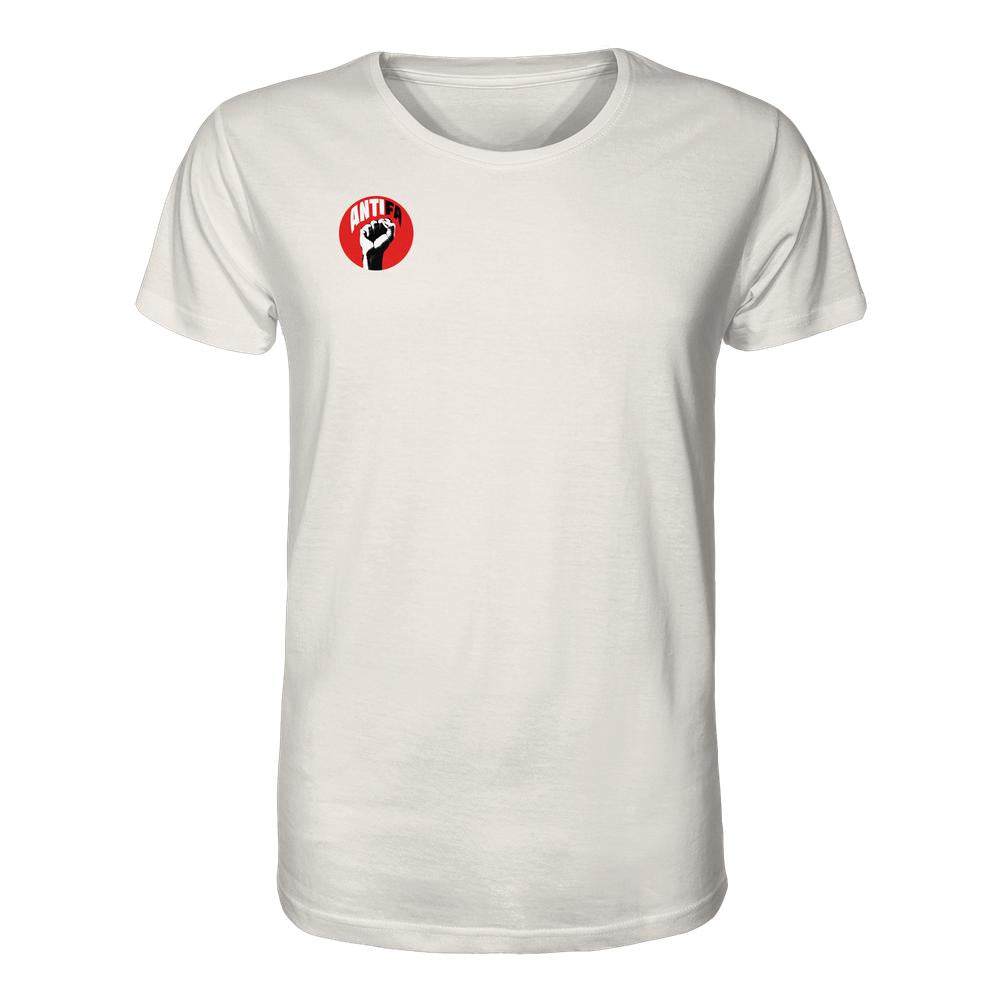 Vegan und Bio Unisex Shirt: Antifa - Gemeinsam gegen Rechts, weiß mit rotem Antifa-Emblem und schwarzer Faust auf der Brust, symbolisiert Widerstand gegen Faschismus.