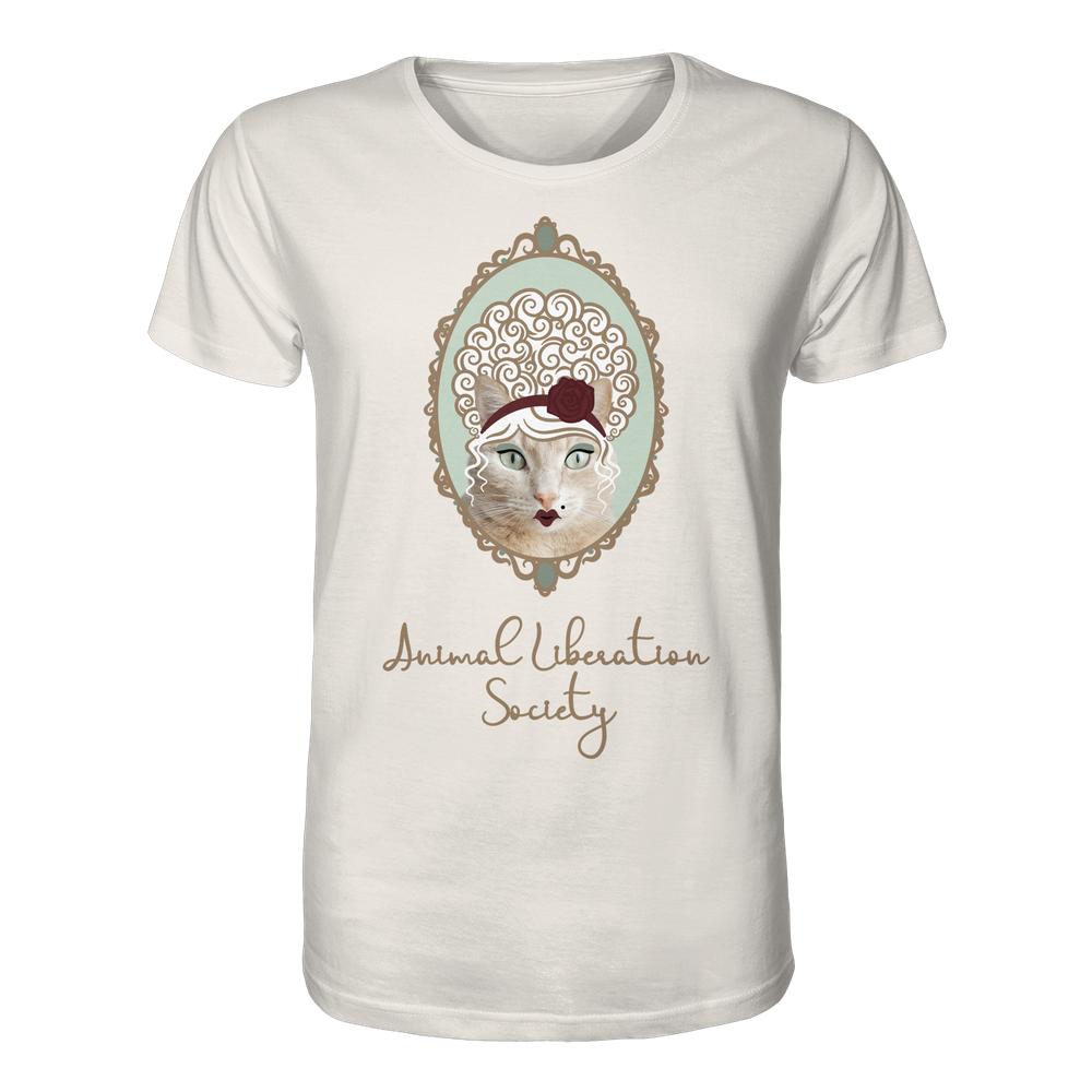 Vegan und Bio Unisex Shirt: Miss Cat - Animal Liberation Society, zeigt eine katzenhafte Dame im Rokoko-Stil mit Perücke. Hergestellt aus 100% Bio-Baumwolle.