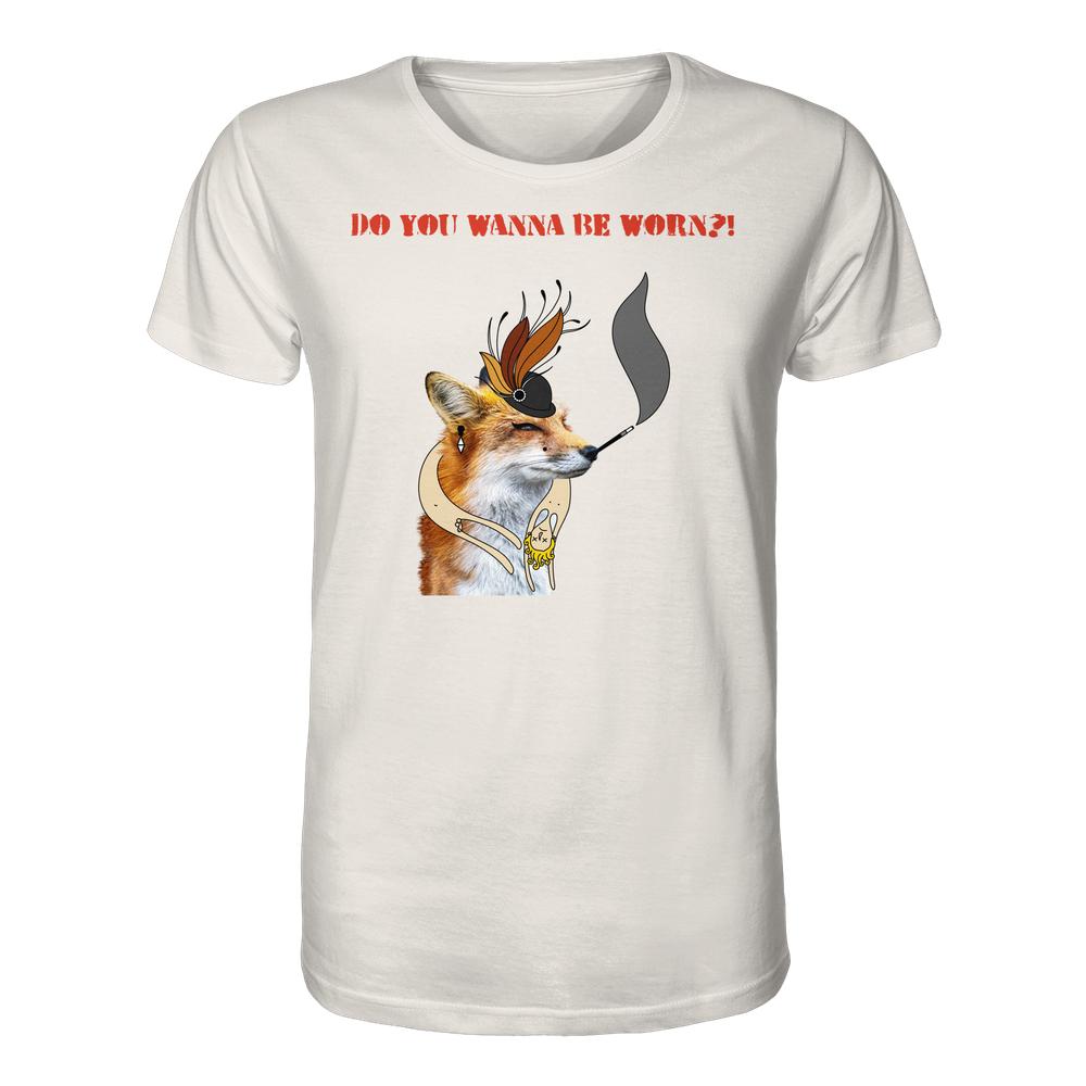 Vegan und Bio Unisex Shirt: Mrs. Fox demonstriert gegen Pelz! zeigt eine rauchende Fuchsillustration mit humorvollem Slogan, verkörpert RUDE REBELs tierbefreite, rebellische Designs.