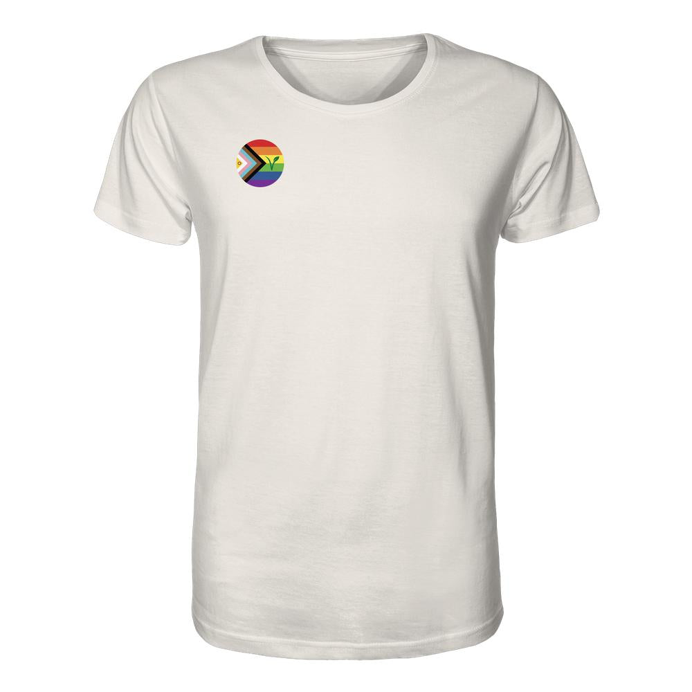 Vegan und Bio Unisex Shirt: LGBTQIA+ VEGAN, weiß, mit kleinem Progress Pride-Logo und grünem Spross auf der Brust. Hergestellt aus 100 % Bio-Baumwolle.