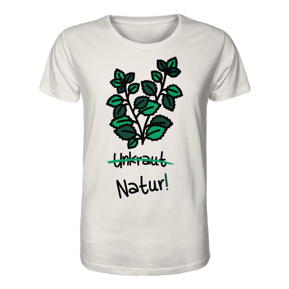 Vegan und Bio Unisex Shirt: Brennnessel - Naturschutz mit grünem Pflanzenmotiv und durchgestrichenem Unkraut, darunter Natur! auf Bio-Baumwolle, normaler Schnitt, von RUDE REBEL.