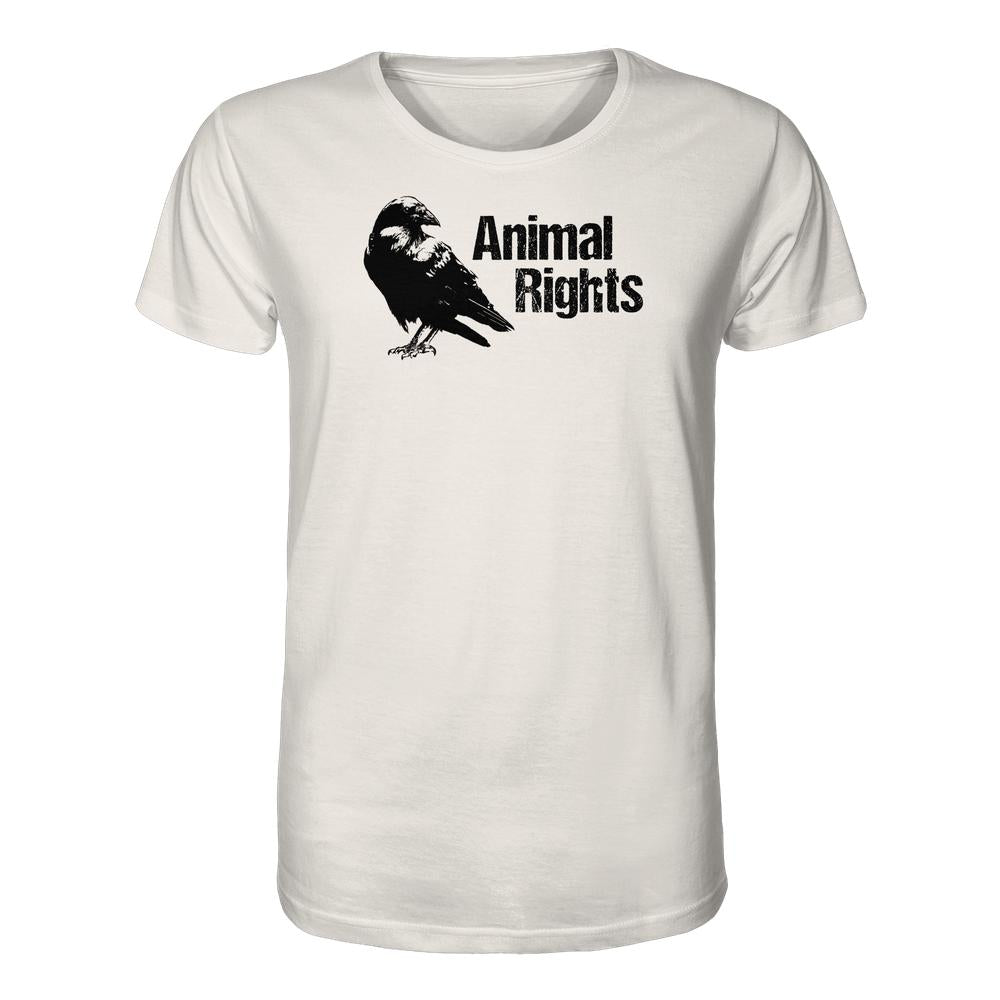 Vegan und Bio Unisex Shirt: Raven - Animal Rights, zeigt eine Krähen-Silhouette mit Animal Rights in schwarzer Schrift. Aus 100% Bio-Baumwolle, normaler Schnitt.