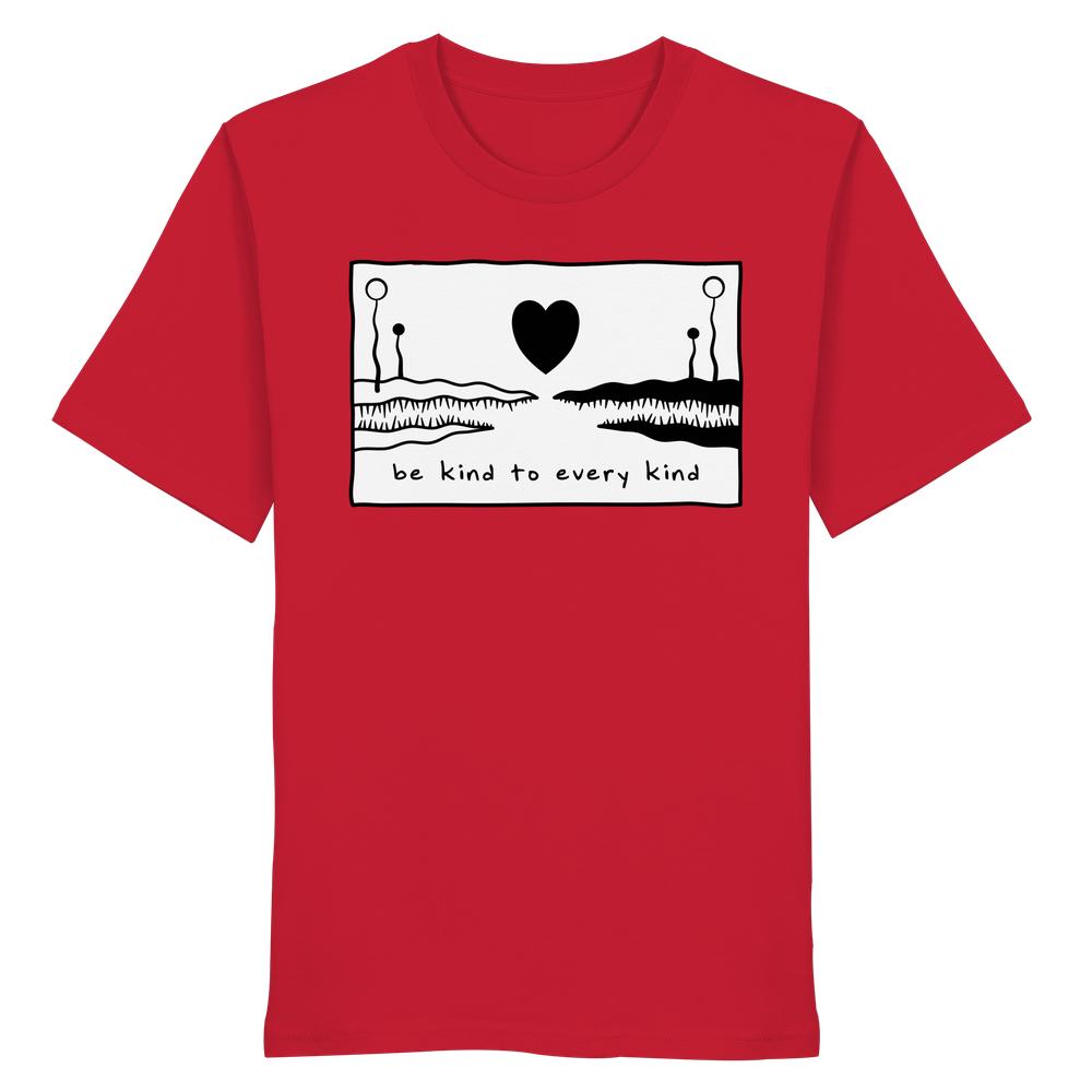 Unisex Bio-Shirt Be kind to every kind mit abstraktem schwarz-weißem Motiv und Slogan auf rotem Hintergrund, aus 100% Bio-Baumwolle, normales Design.