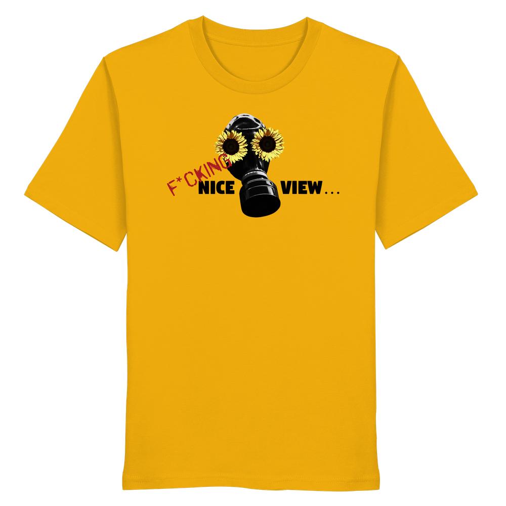 Vegan und Bio Unisex Shirt: Sunflower Mask - F*cking nice view..., gelbes Shirt mit Gasmaske und Sonnenblumen-Design, rebellische Botschaft, 100% Bio-Baumwolle, normale Passform.