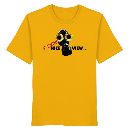 Vegan und Bio Unisex Shirt: Sunflower Mask - F*cking nice view..., gelbes Shirt mit Gasmaske und Sonnenblumen-Design, rebellische Botschaft, 100% Bio-Baumwolle, normale Passform.