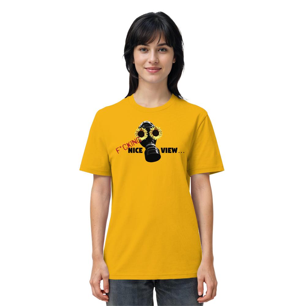 Vegan und Bio Unisex Shirt mit Gasmaske und Sonnenblumen-Design sowie dem Text „F*CKING NICE VIEW…“, aus 100% Biobaumwolle, rebellisch und nachhaltig von RUDE REBEL.