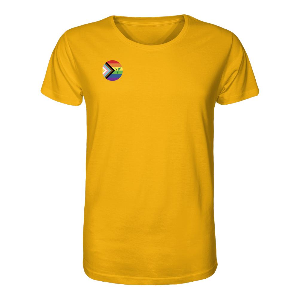 Vegan und Bio Unisex Shirt: LGBTQIA+ VEGAN - Gelbes T-Shirt mit Progress Pride-Flaggenabzeichen und grünem Sprössling, aus Bio-Baumwolle, normaler Schnitt.