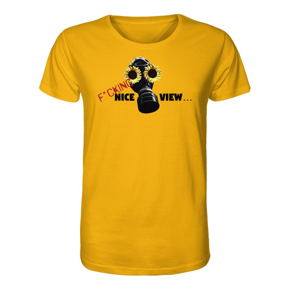 Vegan und Bio Unisex Shirt: Sunflower Mask - F*cking nice view... mit Gasmaske-Motiv und Sonnenblumen-Augen, aus 100% Biobaumwolle von RUDE REBEL.