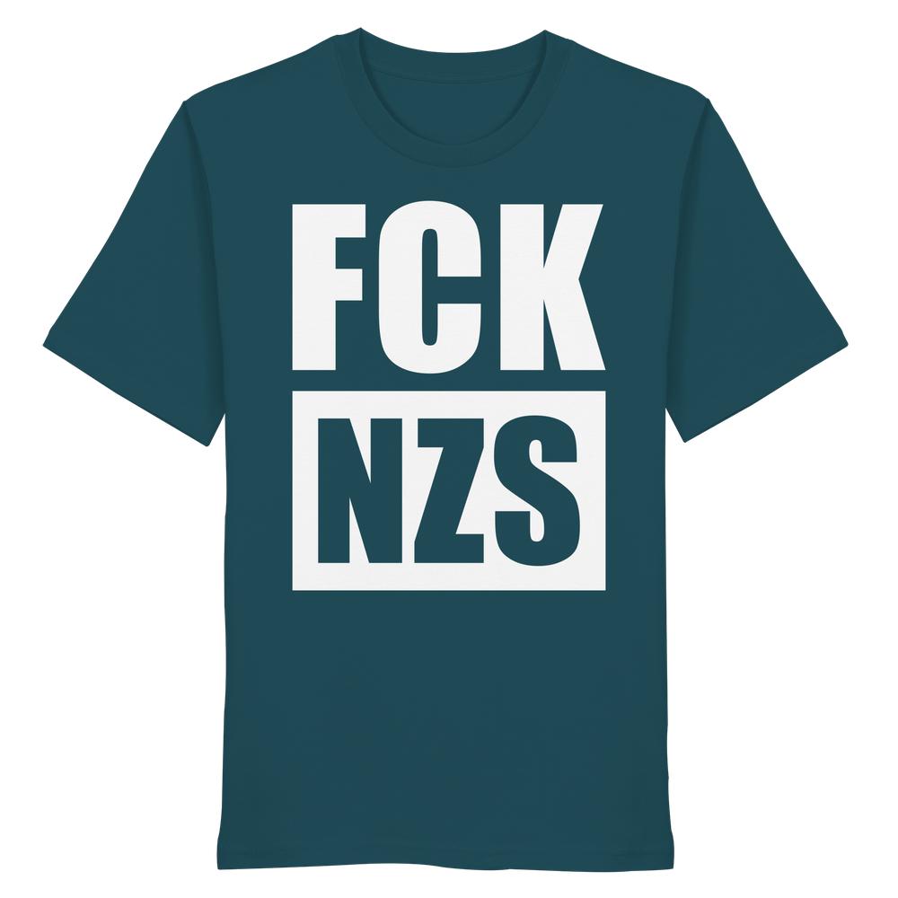 Teal T-Shirt mit weißem Blockschriftzug FCK NZS, aus 100% Bio-Baumwolle, normale Passform, von RUDE REBEL, vegane und nachhaltige Marke.