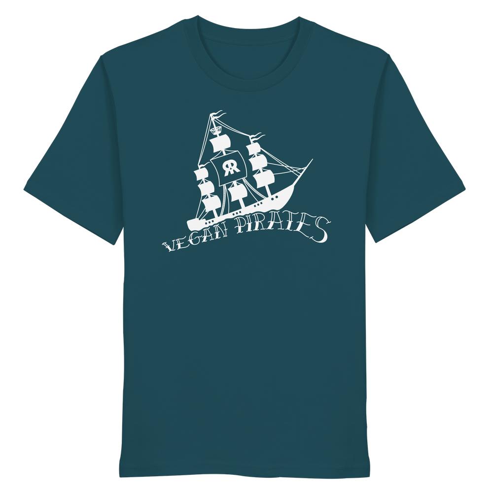 T-Shirt Vegan und Bio Unisex Shirt: Vegan Pirates mit weißem Segelschiff und Schriftzug VEGAN PIRATES, aus 100% Bio-Baumwolle, normaler Schnitt, von RUDE REBEL.