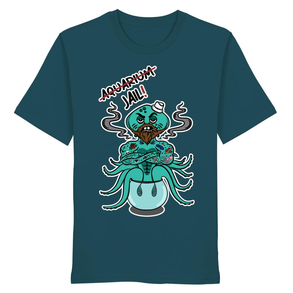 Vegan und Bio Unisex Shirt: Animal Rights - Aquarium=Jail! zeigt einen bärtigen Oktopus im Fischglas, symbolisiert Gefangenschaft in Aquarien; 100% Bio-Baumwolle, normale Passform.