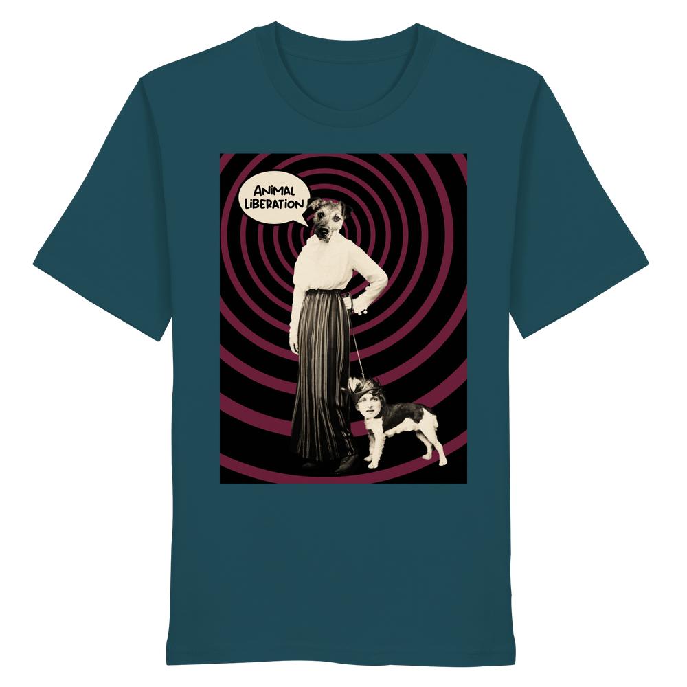 Vegan und Bio Unisex Shirt: Upside Down - Animal Liberation, surrealistisches Design mit Hund-Mensch-Kollage, thematisiert Tierrechte und Freiheit, aus 100% Bio-Baumwolle.
