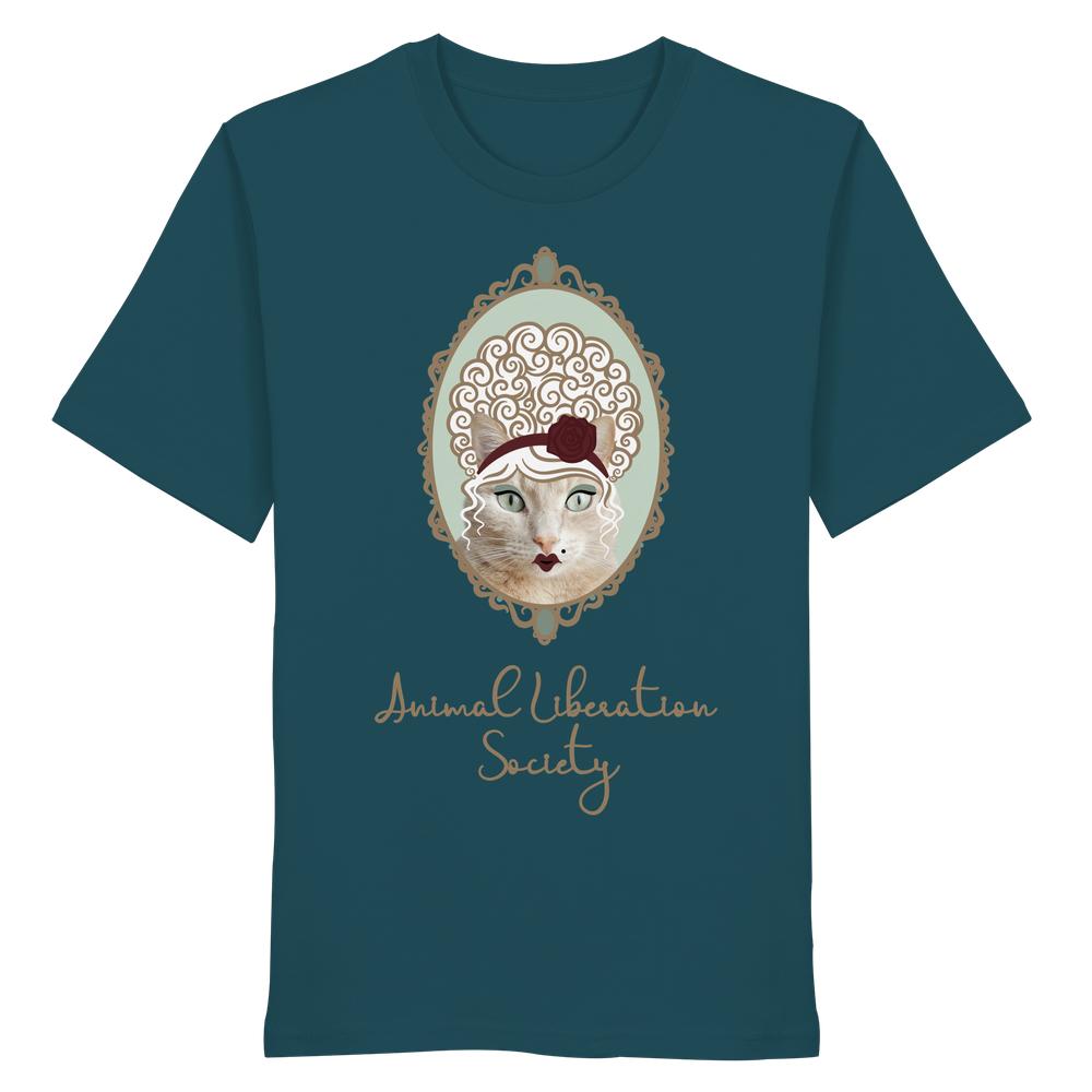 Teal-farbenes T-Shirt mit Katzenportrait im Rokoko-Stil, darunter Animal Liberation Society. Produkt: Vegan und Bio Unisex Shirt: Miss Cat - Animal Liberation Society.
