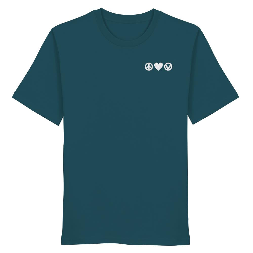 Vegan und Bio Unisex Shirt bestickt: Peace - Love - Veganism. Teal T-Shirt mit kleinem, weißen Motiv aus Friedenssymbol, Herz und Vegan-Zeichen auf der linken Brust.