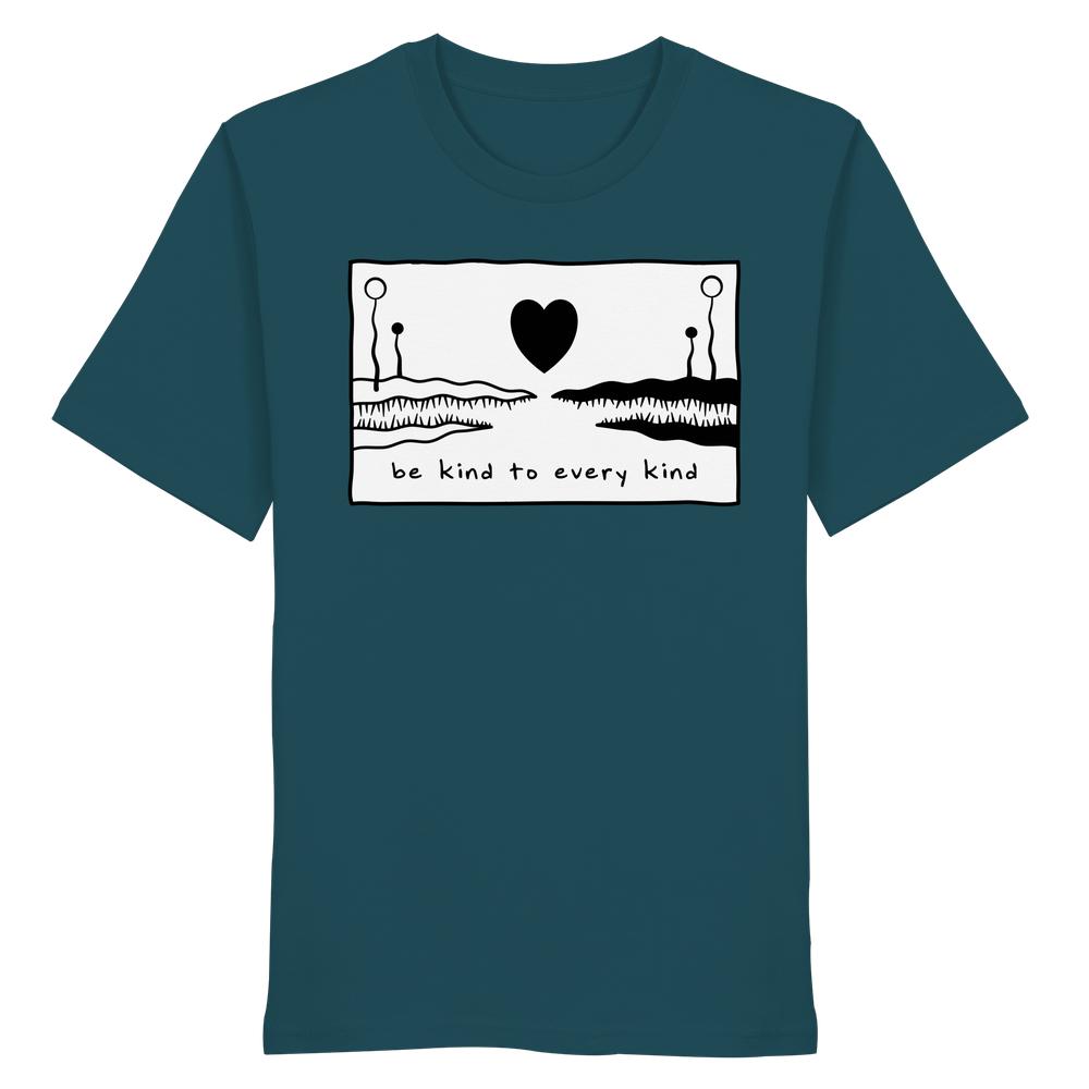 Vegan und Bio Unisex Shirt: Be kind to every kind, mit schwarzem Herzmotiv und Slogan, aus 100% Bio-Baumwolle, betont Tier- und Umweltschutz.