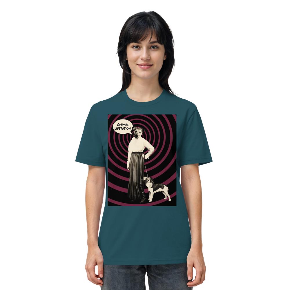 Vegan und Bio Unisex Shirt: Upside Down - Animal Liberation, zeigt eine Collage mit Frau mit Hundekopf und Hund, Sprechblase ANIMAL LIBERATION, aus Bio-Baumwolle, normale Passform.