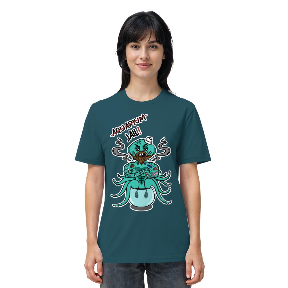 Person trägt ein Vegan und Bio Unisex Shirt: Animal Rights - Aquarium=Jail!, mit tätowiertem, rauchendem Oktopus hinter Gittern. Shirt aus 100% Bio-Baumwolle, normal geschnitten.