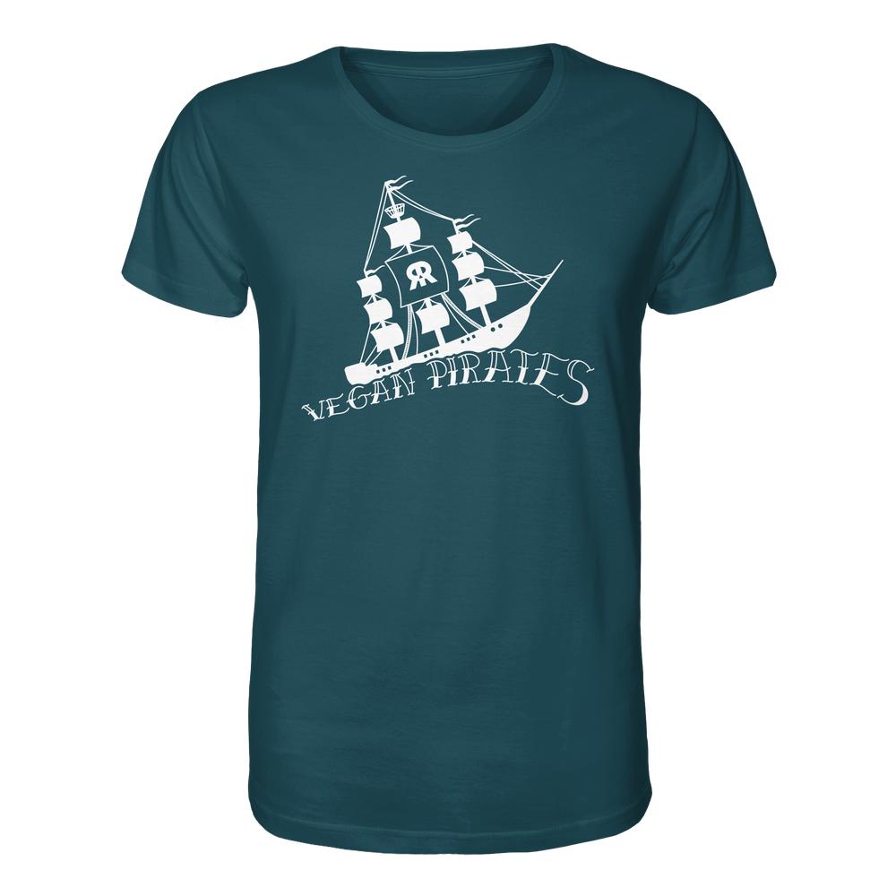 Vegan und Bio Unisex Shirt: Vegan Pirates mit weißem Segelschiff-Design und Schriftzug „VEGAN PIRATES“ auf der Vorderseite, aus 100 % Bio-Baumwolle, normale Passform.