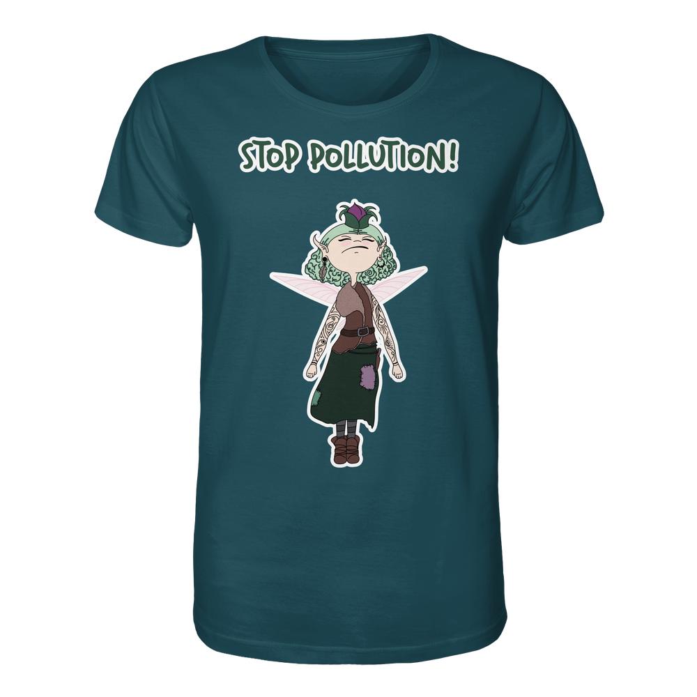 Vegan und Bio Unisex Shirt STOP POLLUTION! - Krawall Fee zeigt eine grüne Fee mit rosa Flügeln und rebellischem Ausdruck, aus 100% Bio-Baumwolle.