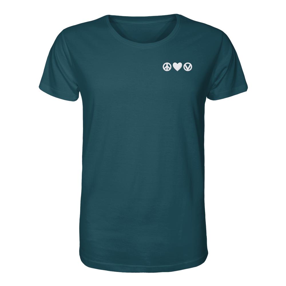Unisex-Shirt Vegan und Bio bestickt: Peace - Love - Veganism, schlichtes Design mit Frieden, Herz und Vegan-Zeichen auf der Brust, aus 100% Bio-Baumwolle.