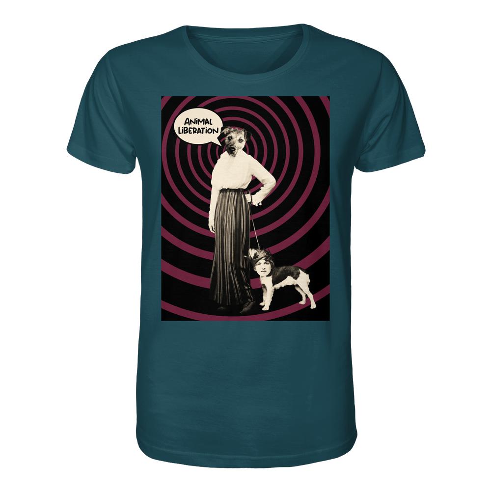 Vegan und Bio Unisex Shirt: Upside Down - Animal Liberation zeigt surrealen Collage-Druck mit Hundemensch und Menschhund, unterlegt von magenta Spiralen und Sprechblase ANIMAL LIBERATION.