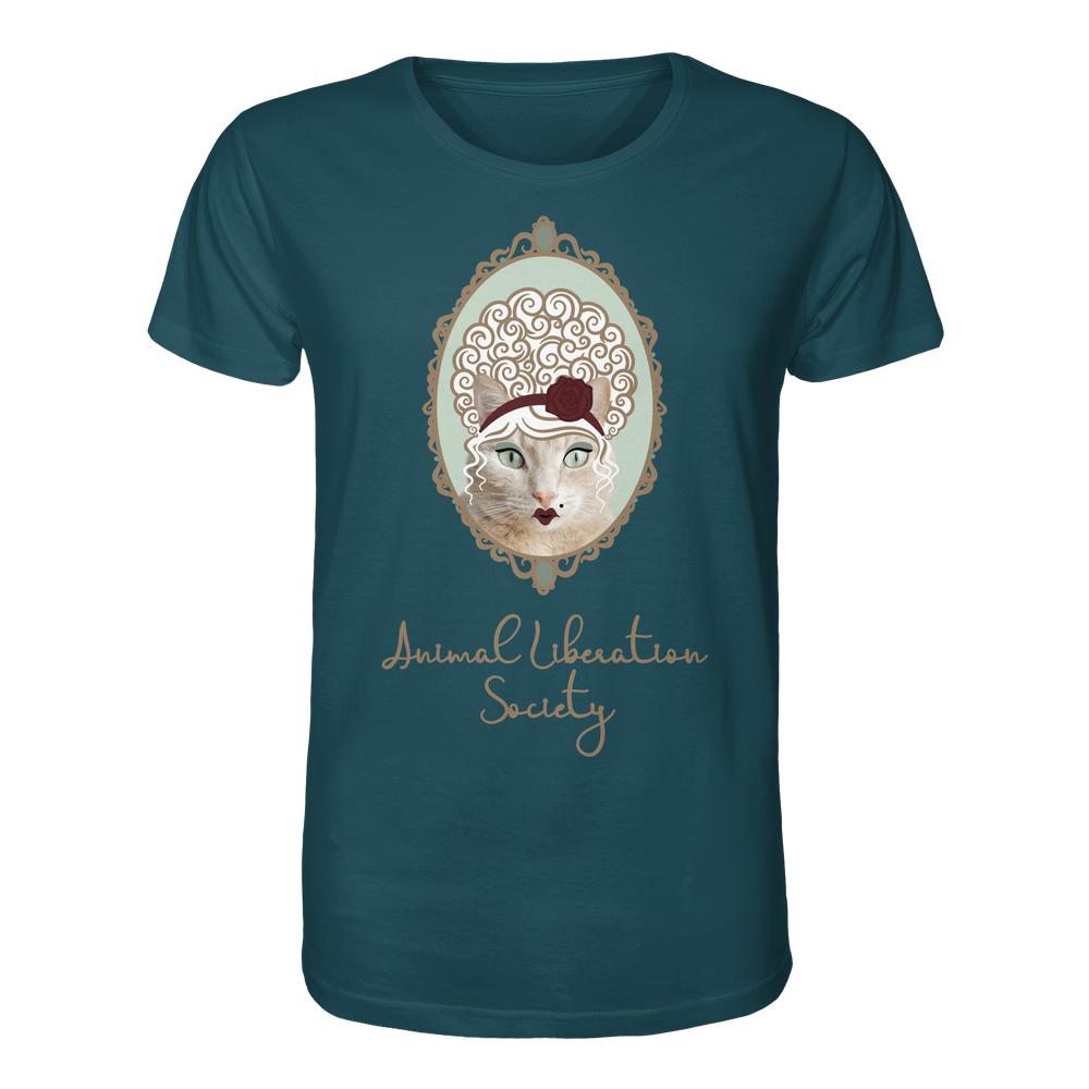 Vegan und Bio Unisex Shirt: Miss Cat - Animal Liberation Society zeigt eine stilisierte Katze im Vintage-Look mit Rose im Haar, umrahmt von elegantem Schriftzug.